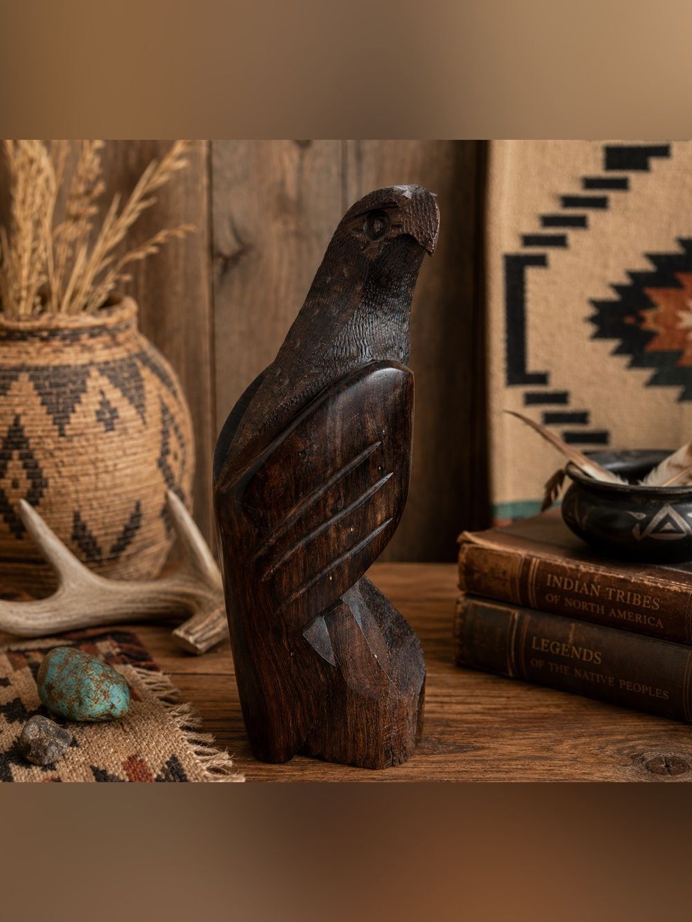 Vintage Hand Carved Wooden Eagle Hawk Falcon Bird Sculpture Figurine Rustic